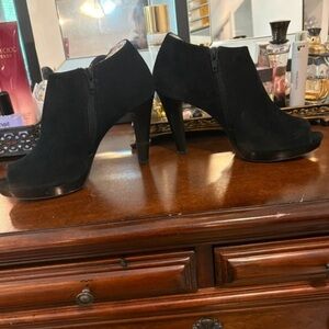 Black Suede Peep-Toe Ankle Heel Boots with Side Zip